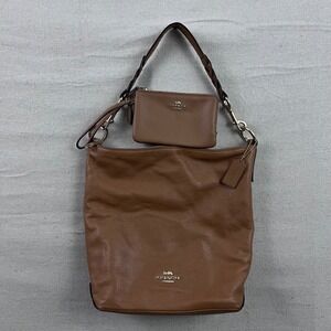 Coach Elle Hobo Bag Women Large Brown Pebbled Leather Shoulder Bag Wristlet Set